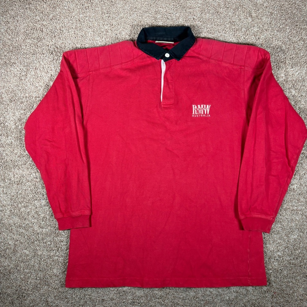 RM Williams Mens Red Long Sleeve Rugby Polo Shirt Quilted Shoulder Australia L‎
